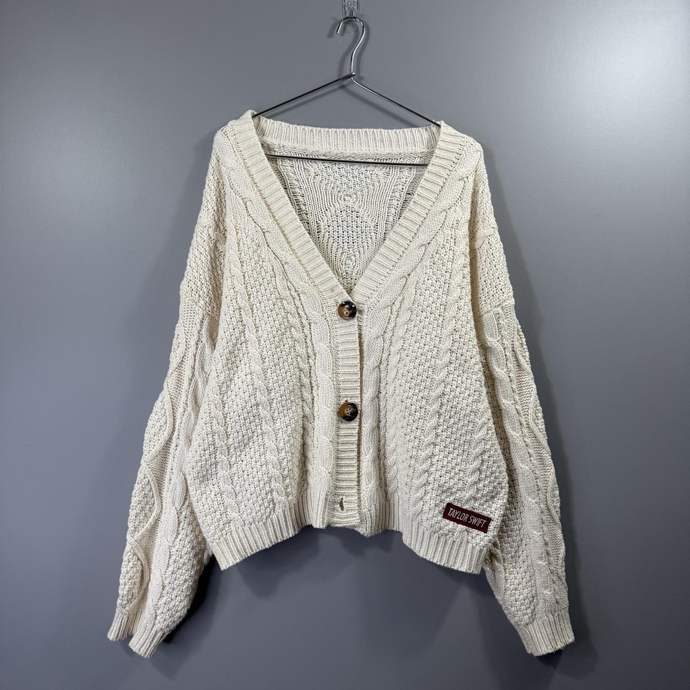 Taylor Swift Cardigan Sweater Womens M/L White Cable Knit Stars Oversized Patch